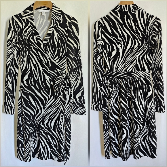 Diane Von Furstenberg Black & White Long Sleeve Animal Print Midi Wrap Dress - Picture 9 of 16
